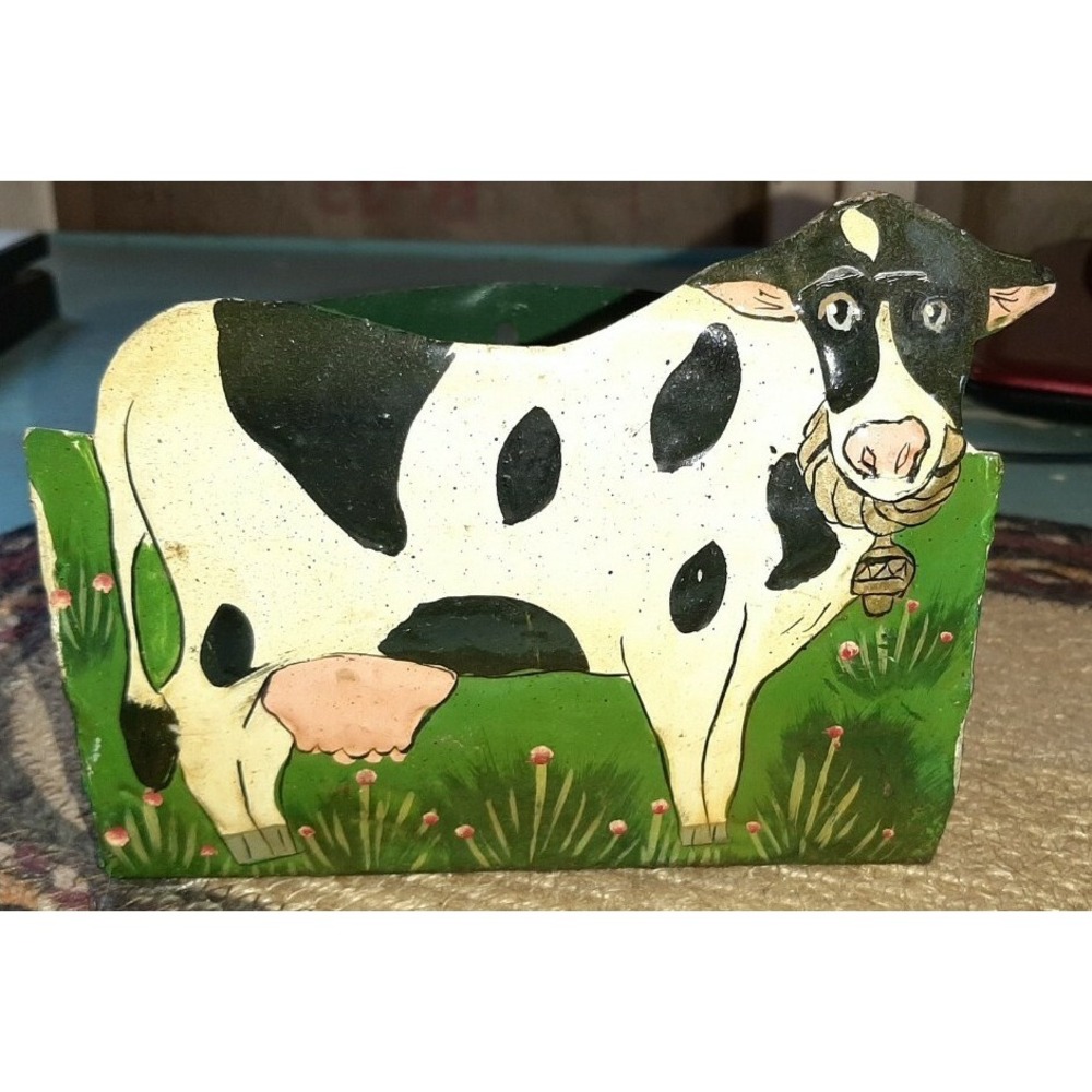 Vintage Handmade COW Folk Primitive Metal Wall Table Top Organizer Holder CUTE!